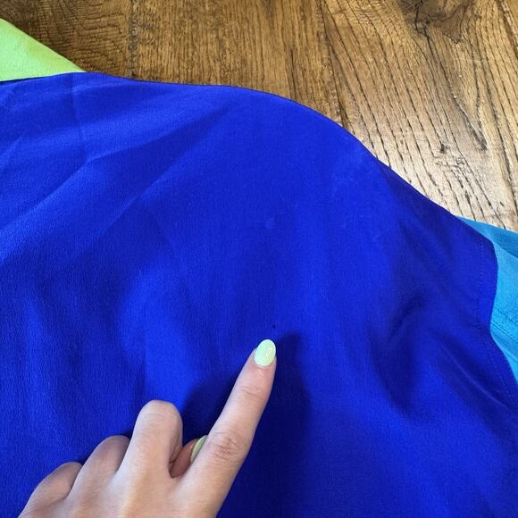 Vintage 100% Silk Blouse Blue Green Color Block Button Down Shirt Womens Sz 1X - Picture 6 of 6
